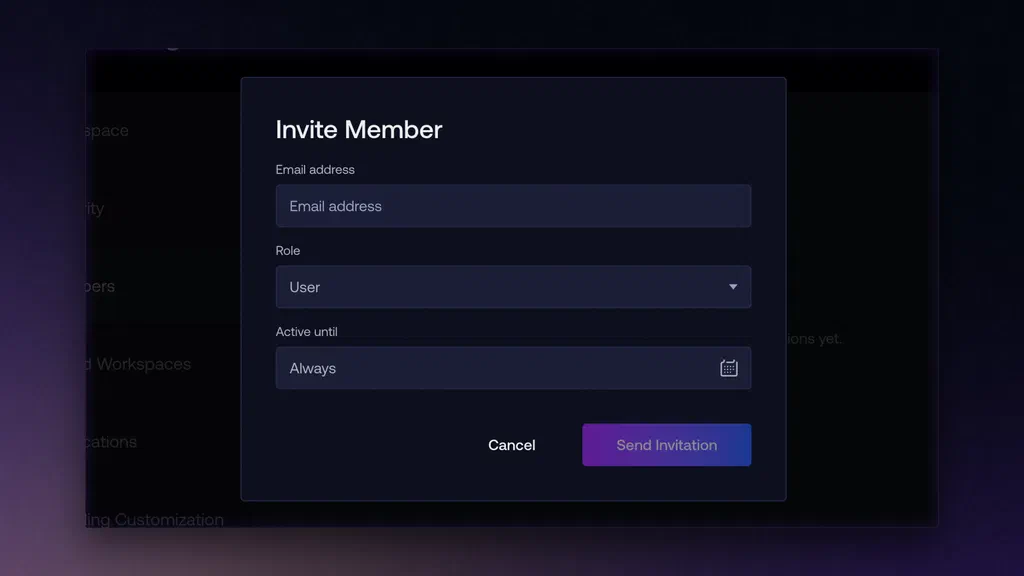 Invite Member dialog with an Active until date field set to Always