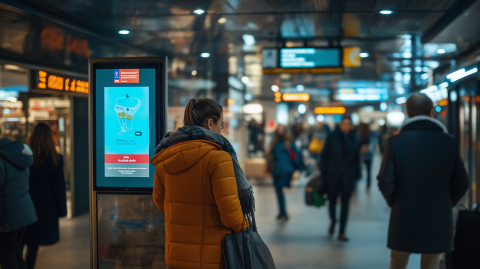 A beautiful digital signage display in an airport terminal with travelers passing by with their suitcases.