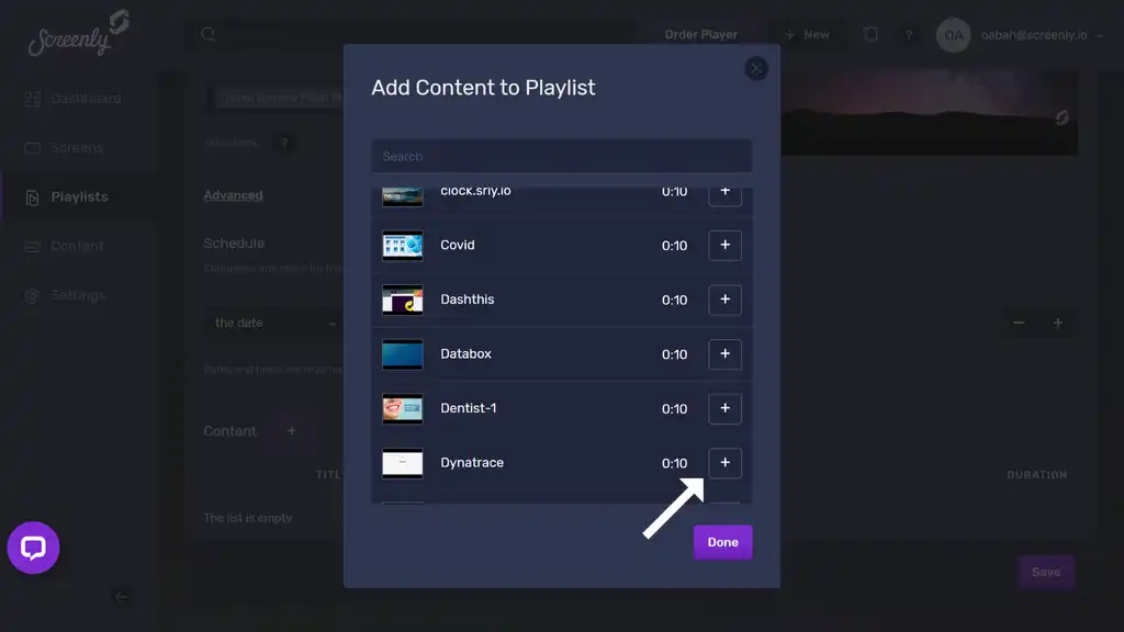 The popup modal to add the Dynatrace dashboard content to a playlist