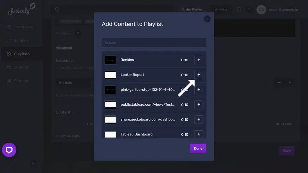 The popup modal to add the Looker dashboard content to a playlist