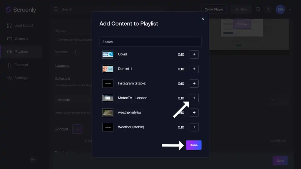The popup modal to add the MeteoTV content to a playlist