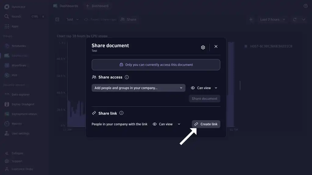 Dynatrace dashboard with dashboard sharing pop-up modal open