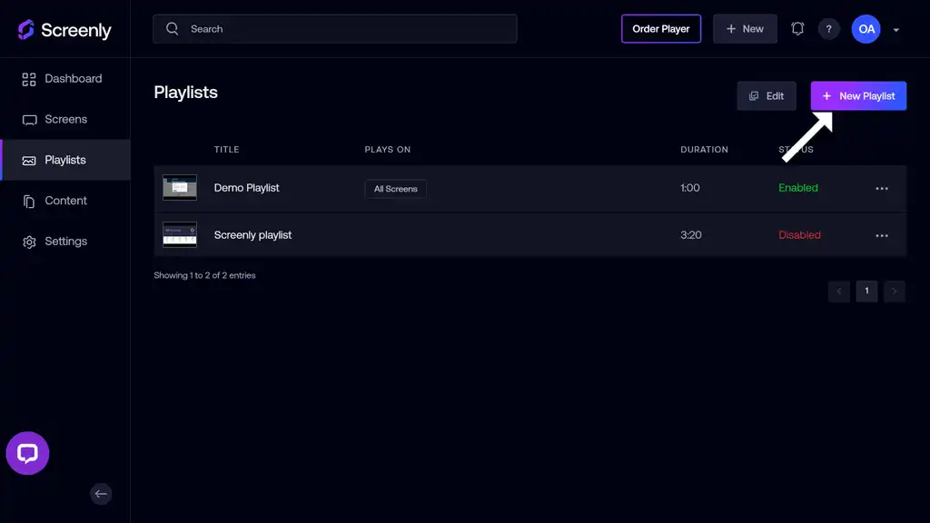 The Playlists page showing lists of playlists and New Playlist button