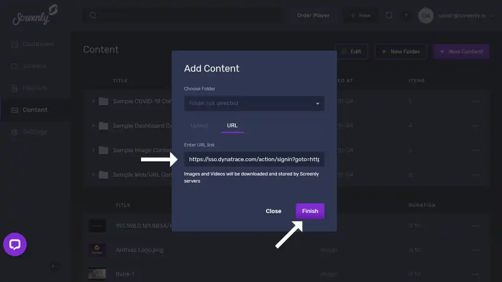 The popup modal to add the Dynatrace dashboard URL as a new content item.