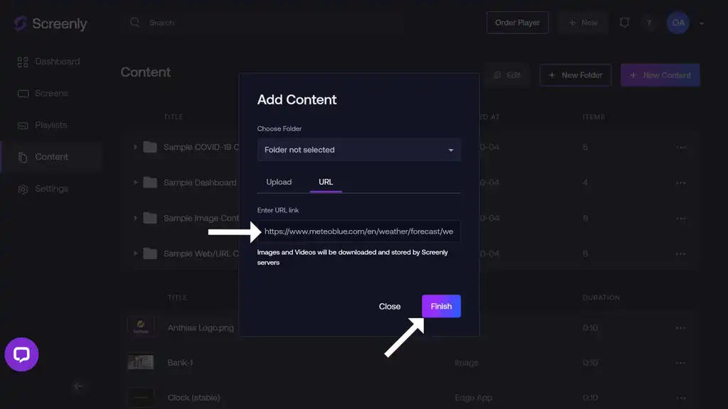The popup modal to add the meteotv URL as a new content item.