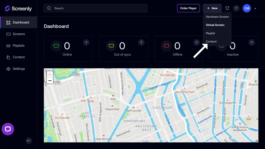 The + New Content button on the Screenly home page