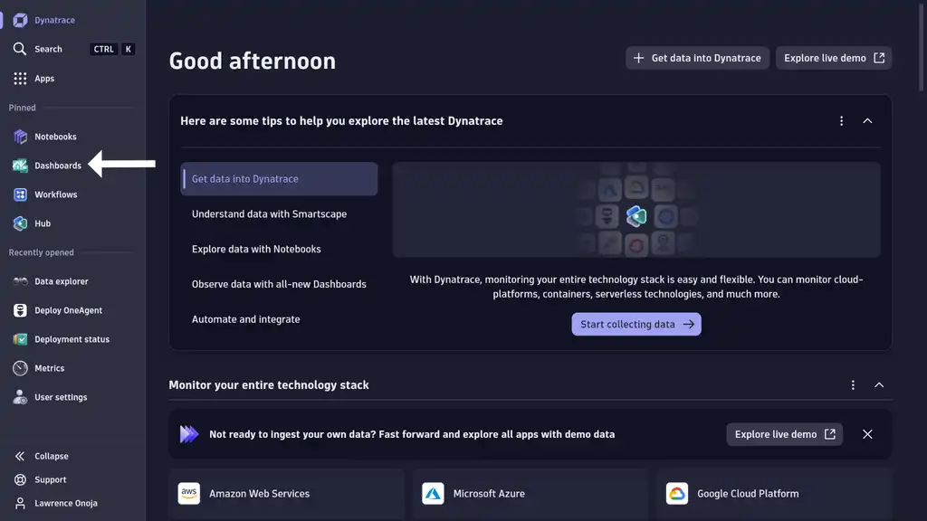 Dynatrace account page with left-side menu open