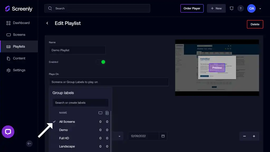 The Edit Playlist page showing a dropdown list of your screens