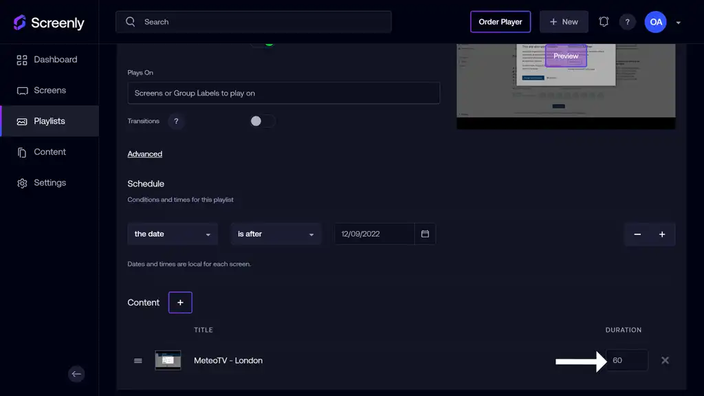 The popup modal to set the duration for the meteotv content in the playlist