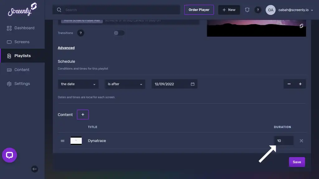 The popup modal to set the duration for the Dynatrace dashboard content in the playlist