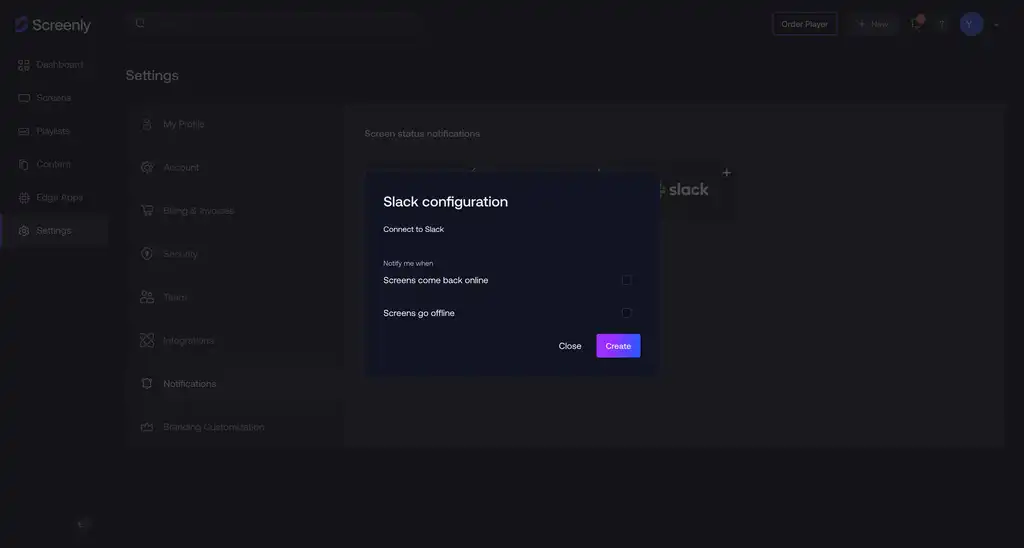 The Slack configuration modal on the Screenly interface.