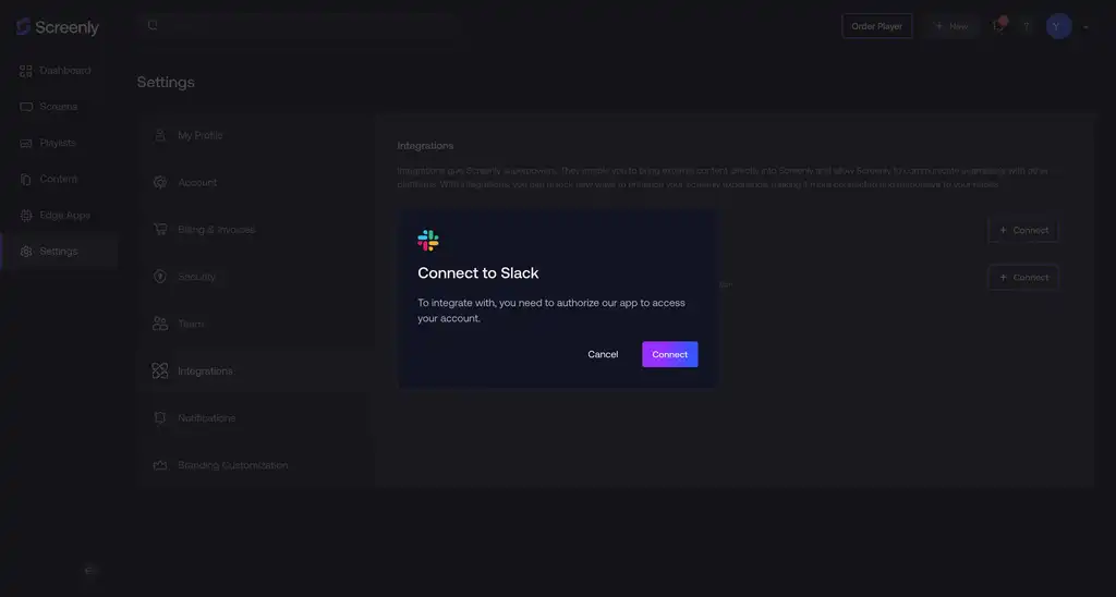 The Slack connection modal on the Screenly interface.