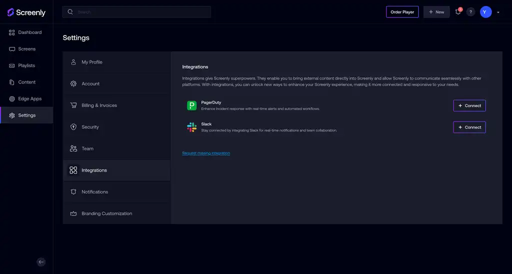 The Slack integrations page on the Screenly interface.
