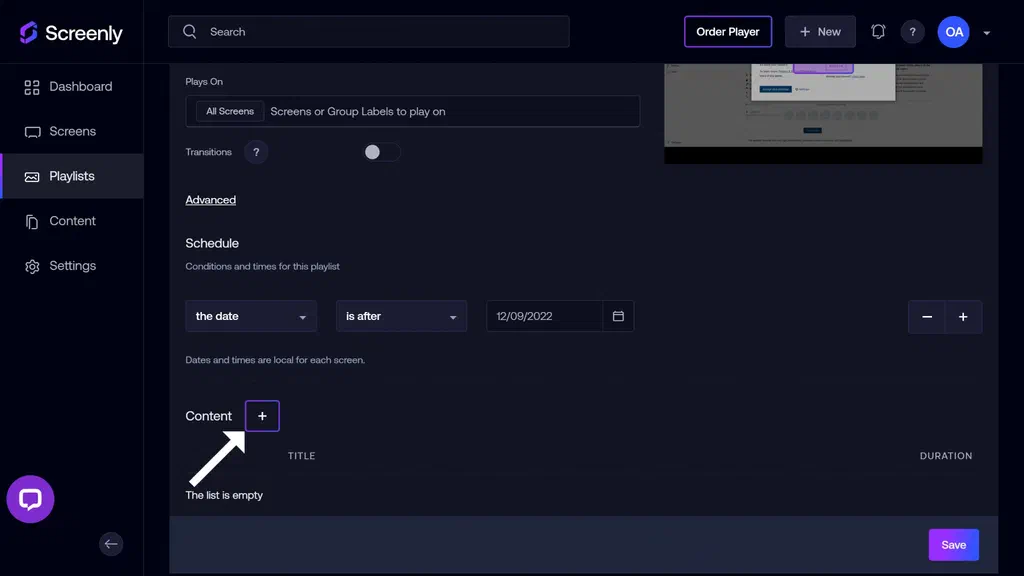 A selected playlist page showing the + button to add content to your playlist