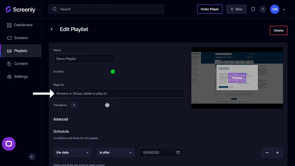 The Edit Playlist page