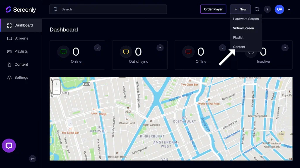 The + New Content button on the Screenly home page