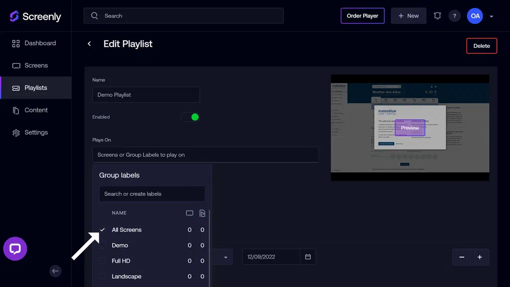 The Edit Playlist page showing a dropdown list of your screens