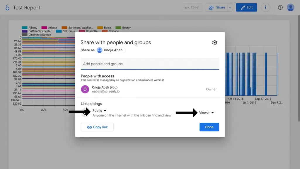 An image showing a Looker report with access permission settings