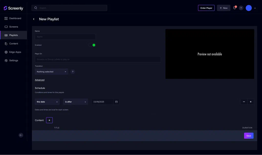 Adding a playlist in the Screenly interface.