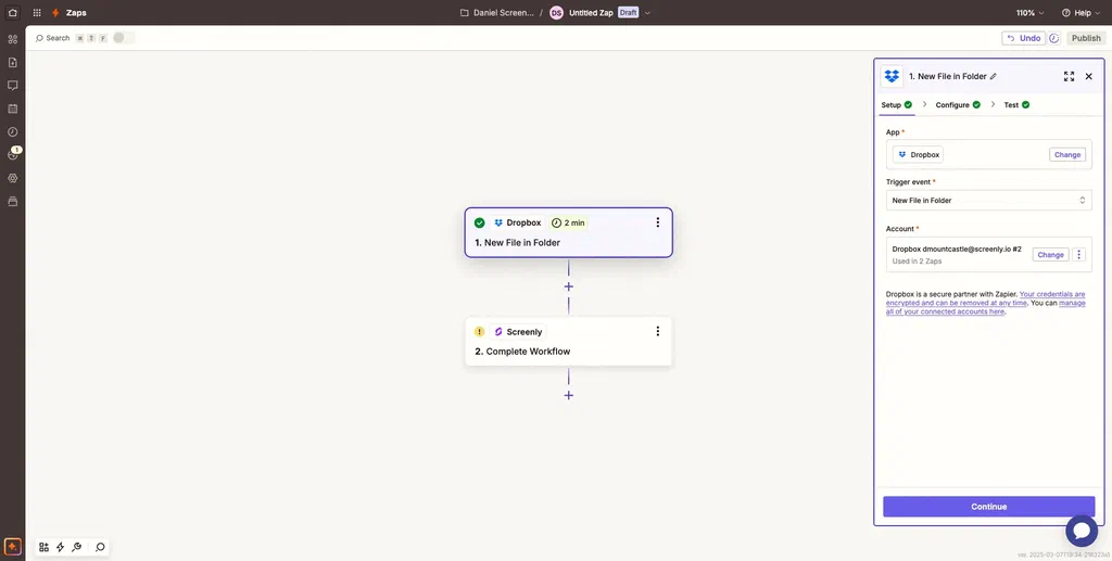 The Dropbox set up stage in Zaiper