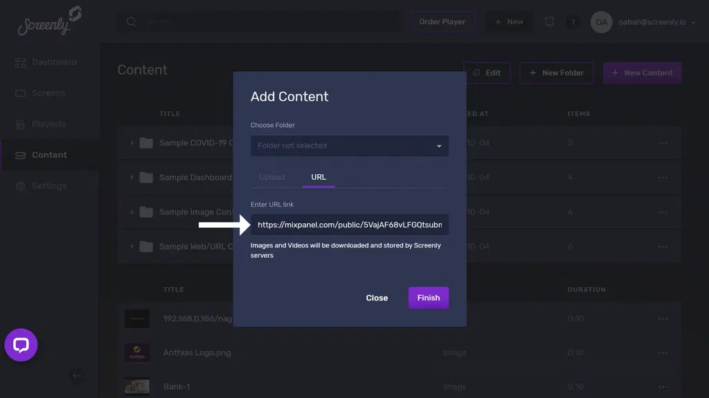 The popup modal to add the Mixpanel board URL as a new content item.