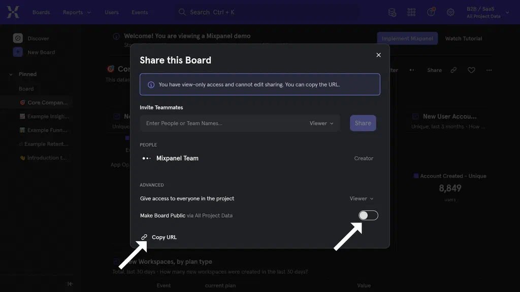 A data dashboard from Mixpanel showing sharing settings in a pop-up modal.