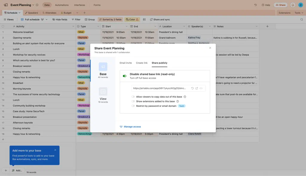 Access your Airtable share link to display content on a digital sign.
